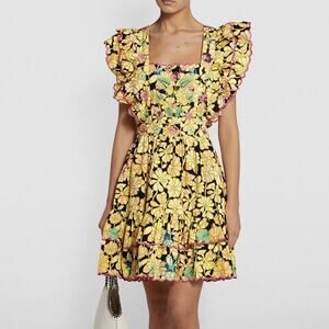 CeliaB Acacia Mini Dress In Bloom Yellow Floral Print Tiered Dress Size XS